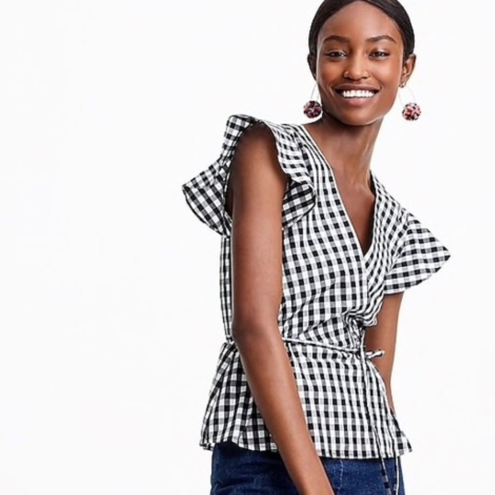 J Crew Flutter Sleeve Wrap Gingham Blouse | Size 4 - Picture 2 of 10